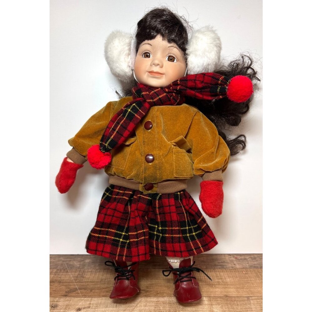Vintage Collectible Doll In Plaid Skirt & Velvet Jacket With Red Boots & Mittens